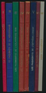La Poste Maritime Française (vol. 1 - 7); Raymond Salles; door de auteur zelf uitgegeven; 1961 - 1969; gedrukt; geniet; Frans; zachte kaft; zeer mooi; de delen 1 - 7 van dit bekende en gezochte werk, waaronder een dubbel van deel 4 en waarbij de delen 3 en 5 de James Bendon herdrukken zijn van 1992-1993, terwijl alle andere de originele druk zijn, zeer goede staat en waarbij deel 1 Salles' handtekening en toewijding aan de bekende Belgische filatelist de Cock draagt