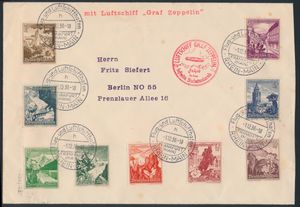 1.12.1938 N° 8Ia (Mi. Zeppelin Specialised), LZ 130 Sudetenlandfahrt brief verzonden van Frankfurt naar Berlijn en gefrankeerd met alle 9 waarden van de Winter Help-uitgifte van 1938 (Michel 675-683), allemaal verbonden door een speciaal Frankfurt-poststempel, zeppelinvluchtstempel naast in karmijnrood en Reichenberg-landingssloganpoststempel op de achterkant, zm/m