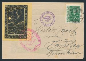 3.6.1935 FILPROK Philatelic Exhibition Balloon Post official postcard sent from Nagykata to Tapolca and bearing large vignette tied by flight cachet in rose, vf
