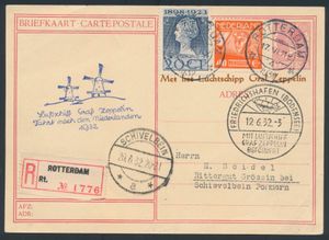 17.6.1932 N° 249Ab (Mi. Zeppelin Specialised), LZ 127 Nederlandse vlucht 7 1/2c ansichtkaart verzonden als aangetekende post naar Schivelbein, Pommeren (tegenwoordig Świdwin, Polen) en opgewaardeerd met Nederlandse normale en luchtpostzegels, allemaal afgestempeld met poststempels uit Rotterdam, zeppelinvluchtstempel naast in blauw, evenals decoratieve Friedrichshafen landingspoststempel (handstempeltype, zeldzamer dan het machinetype) en eindbestemming c.d.s., ongebruikelijk, zm