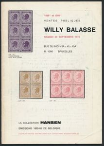 La 1098me et 1099me ventes publiques, la collection Hansen, émissions 1865-99 de Belgique; Willy Balasse; 1976; gedrukt; geniet; Frans; 68 pag.; zachte kaft; in redelijke staat