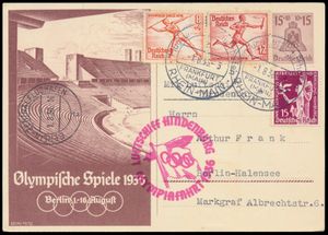 1.8.1936 N° 32Ia (Mi. Zeppelin Specialised), LZ 129 Olympiafahrt geïllustreerde Olympische postkaart verzonden naar Berlijn en bijgekleefd met Olympische postzegels (+ andere), allemaal afgestempeld met speciale poststempel van Frankfurt, zeppelinvluchtstempel en Berlijnse aankomstc.d.s. beide aanwezig naast elkaar, zm