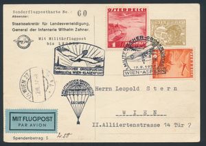 19.9.1937 Militaire Luchtvaartdag - Speciale postvlucht Wenen-Klagenfurt - Leoben drop-off geïllustreerde 30g briefkaart (genummerd, dit is nr. 60) verstuurd naar Wenen en opgewaardeerd met 1S en 10g luchtpostzegels, allemaal voorzien van een speciale decoratieve poststempel, met extra vluchtstempels ernaast, evenals reguliere aankomststempels, zm