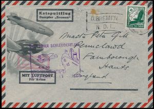 4.9.1935 N° 210c (Mi. Zeppelin Specialised), catapult post illustrated cover sent to Farnborough, England and carried aboard the 