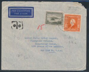 1947 Luchtpostbrief van Medan naar New York gefrankeerd met n° 308 en 316, juiste frankering 