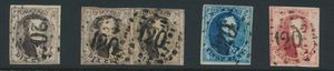 N° 6/8, 3 single stamps and 1 pair (N° 6), all fully margined with P.120-Tournai cancel (dots), several griffes present, vf (OBP €170)