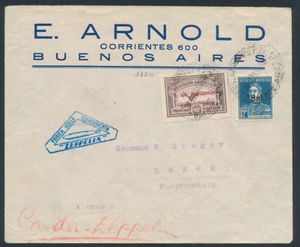 Argentine : 20.9.1931 N° 222Ba (Mi. Zeppelin Specialised), LZ 127 lettre volante sud-américaine envoyée de Buenos Aires à Lorch, Allemagne, affranchie avec des timbres-poste aériens + timbres normaux, cachet triangulaire Zeppelin au recto et oblitération d’arrivé Friedrichshafen au verso, tb