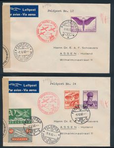 9.5.1940 Special Postal Flights ten behoeve van het Rode Kruis, set van 3 brieven verzonden vanuit Lausanne, Frauenfeld en Bellinzona naar Assen, Nederland, elk gefrankeerd voor 1fr en twee met Duitse censuur, zm