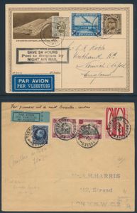 Belgien, 1930/31 Nachtluftpost Brüssel-London, 1 Brief und 2 Karten, verschiedene Frankierungen und Stempel, einwandfrei.
