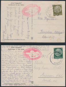 1935 set van 3 fotokaarten (twee daarvan gebruikt binnen Duitsland, de derde ongebruikt), allemaal met verschillende afbeeldingen van de hangar in Friedrichshafen, waaronder een foto van het kale metalen frame van het luchtschip (d.w.z. 