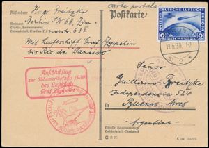 19.5.1930 N° 64c (Mi. Zeppelin Specialised), LZ 127 Zuid-Amerika Vluchtkaartje verzonden vanuit Berlijn naar Buenos Aires, Argentinië en gefrankeerd met een 2 RM Zuid-Amerika Zeppelin Vlucht postzegel (Michel 438, cat. waarde € 500 voor de postzegel op de brief) voorzien van Berlijns c.d.s., zeppelinvluchtstempel en speciale stempel voor de vlucht van Berlijn naar Friedrichshafen (het vertrekpunt van het luchtschip), beide in karmijnrood op de voorzijde, aankomststempel Rio de Janeiro gedateerd 25.5.1930 ernaast in violet, een zeldzame kaart, zm