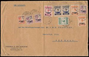 1928 Grootformaat luchtpostbrief van Soerabaja naar Den Haag gefrankeerd met Harting, hoofdzakelijk luchtpost, w.o. n° 4 (in paar) en 5, wat gebruikssporen, m (Hoge waarde)