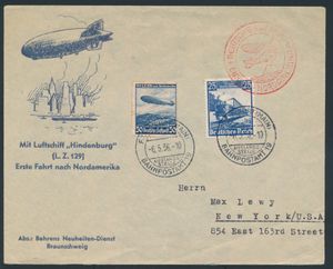 6.5.1936 N° 12a (Mi. Zeppelin Specialised), LZ 129 Nordamerikafahrt geïllustreerde brief verzonden van Frankfurt naar New York en gefrankeerd met postzegels van 50pf + 25pf, vastgeplakt met een regulier poststempel van Frankfurt, de 25pf ook gedeeltelijk vastgeplakt met het zeppelinvluchtstempel in rood, aankomststempel op de achterkant, zm