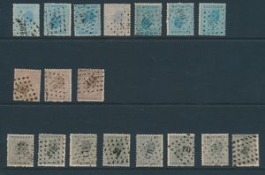 N° 17 (8x), 18 (7x) et 19 (3x), quelques meilleures oblitérations (M.3, N.2, Pt. 189, etc.), tb/b
