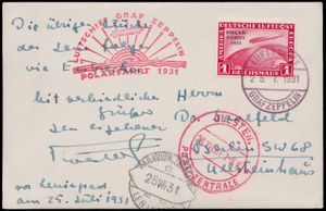 25.7.1932 N° 203d (Mi. Zeppelin Specialised), LZ 127 Polar Flight fotokaart verzonden naar Berlijn en voorzien van een 1 RM postzegel met opdruk POLAR-FAHRT 1931 (Michel 456, cat. waarde € 250 op brief), gefrankeerd met Bordpost-stempel, zeppelinvluchtstempel ernaast in rood, evenals speciale Leningrad-poststempel (aangezien de kaart op de tweede dag van de vlucht vanuit Leningrad werd gepost en aan boord van het luchtschip werd afgestempeld) en Berlijn Ullstein aankomststempel in karmijnrood, uitstekende kwaliteit en zeldzaam (cat. waarde voor de vlucht is € 900), zm
