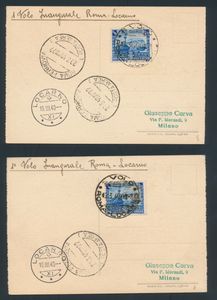 Italie : 19.3.1940 N° 525 (Sassone), Rome - Locarno Vol Swissair Deux cartes postales (avec des illustrations d'actrices hollywoodiennes), toutes deux envoyées à Milan et affranchies avec la valeur 1,25 L de l'émission commémorative du centenaire des chemins de fer en 1939 (Sassone 451), cachets de transit et d'arrivé, tb