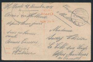 1918 (nov.) Première Guerre mondiale, carte vue Wintersdijk depuis le camp de transit via Londres vers Canadel (Côte d'Azur), ensemble inhabituel, tb