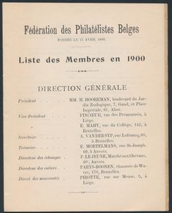 Liste de membres en 1900; Fédération de Philatélistes Bemges; 1900; gedrukt; geniet; Frans; 19 pag.; zachte kaft; in goede staat