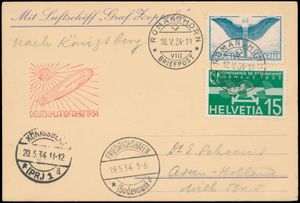 18.5.1934 N° 359 (Mi. Zeppelin Specialised), LZ 127 Duitse vlucht Friedrichshafen - Berlijn - Königsberg, Zwitserse briefkaart oorspronkelijk gepost in Romanshorn en verstuurd naar Assen, Nederland, met Zwitserse frankering en doorgestuurd naar Friedrichshafen, waar hij de datumstempel 19.5 en het zeppelinvluchtstempel in rood kreeg, Königsberg landingsdoorvoerstempel ernaast, cat. waarde voor de vlucht is € 260, zm