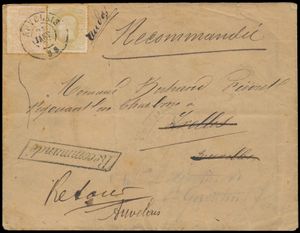 1877 N° 24 en 32, op aangetekende briefomslag, vanuit Auvelais, dd. 31 januari 1877, naar Ixelles, met retour zending, 9 stempels (!) op de keerzijde, w.o. 4 ambulante (EC MIDI ? op 31/1, Dca EST 2 op 1/2, Dca MIDI 1 op 2/2 en EC MIDI 6 op 3/2), met Dca (Auvelais) en 3 EC Mons (Station) op 2/2, Charleroi op 3/2 en Bruxelels op 31/1 en 1/2), op de keerzijde manuscript 