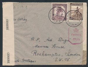 1943 Letter franked with N° 232 and 266 sent from Banningville on 11-5-43 to London, Congolese censorship wrappers type Aa with censor N° 