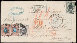1869 brief van Berdiansk naar Marseille, Frankrijk, gefrankeerd met een horizontaal paar van 10k samen met een 3k en een 5k voor een totaal van 28k, met ovale 