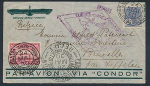 24.5.1930 N° 68Bb (Mi. Zeppelin Specialised), Zuid-Amerika Vluchtomslag van Rio de Janeiro naar Brussel, België, gefrankeerd met een 10.000r Braziliaanse zeppelinpostzegel (Michel Zp. 2) samen met een gewone postzegel van 500 r, beide voorzien van een speciale poststempel, met zeppelinvluchtstempel in zwart en speciale stempel 
