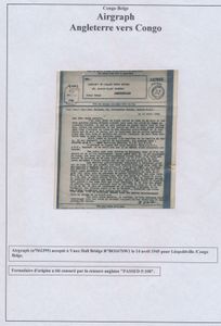 1945, small accumulation of 4 airgraphs all accepted in UK and sent to Leopoldville in Belgian Congo, with for two of them, Belgian Congo censor on airgraph at arrived with straight-line mark type Baa 
