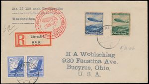 2.5.1936 N° 12 (Mi. Zeppelin Specialised), LZ 129 Nordamerikafahrt brief verzonden als aangetekende post naar Bucyrus, Ohio en gepost door een Zwitserse afzender (adres op de flap geeft aan dat hij uit Bazel kwam) vanuit Lörrach, Duitsland (Lörrach is de dichtstbijzijnde Duitse grensstad bij Bazel, op slechts enkele kilometers afstand), gefrankeerd met zowel Hindenburg Zeppelin-postzegels uit 1936 (Michel 606-607) en een paar 15pf luchtpostzegels, allemaal voorzien van een Lörrach-stempel, met een rode zeppelinvluchtstempel ernaast en Amerikaanse transit- en aankomststempels op de achterkant. Lörrach staat niet vermeld als plaats van herkomst voor deze vlucht in de Michel Specialised Catalogue, dus deze brief kan correct worden omschreven als 