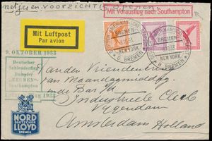 9.10.1933 N° 148c (Mi. Zeppelin Specialised), catapult post cover sent to Amsterdam, Netherlands and carried aboard the 
