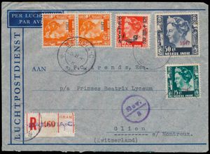 1948 R-brief van Batavia naar Glion (Zwitserland) met vierkleurenfrankering, gestempeld 