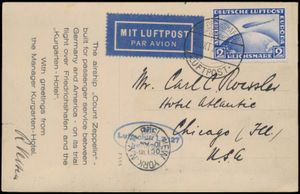 10.10.1928 N° 7 (Mi. Zeppelin Specialised), LZ 127 Amerikafahrt fotokaartje met reclame in het Engels voor het Kurgarten Hotel, verzonden naar Chicago en gefrankeerd met een postzegel van 2 RM (Michel 423), ovaal zeppelinvluchtstempel in blauw en transitstempel van New York, een zeldzame kaart, zm