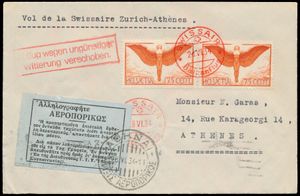 26.4.1934 SWISSAIR Balkan Flight-brief verzonden naar Athene, Griekenland, op het tweede deel van de vlucht, met twee 75rp luchtpostzegels (SBK F11, cataloguswaarde CHF 150 op brief), vertrek vertraagd door slechte weersomstandigheden, aankomststempels op zowel voor- als achterzijde en een label aangebracht door de Griekse postdienst op de voorzijde, zeldzaam, zm