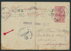 EP Stibbe No. 70, from Boma 4 Nov 1940, to Malines, censored in the Congo by the British and Germans, transit mark via Lisbon, rare mail from the Congo arriving in Belgium at that time, rare triple censorship, whole item has a crease, f/to be checked.