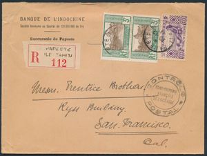 1942 Oceanië N° 76 (2x) en 99 op aangetekende brief van Tahiti op 20/12/41 naar San Francisco, censuurstempel “Franse vestiging in Oceanië”, aankomststempel San Francisco, 18 januari 1942, zm