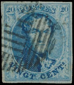 Nr. 11 „20c. blau”, vollrandig, mit ambulanten Abstempelung „E.III”, einwandfrei