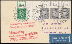 18.7.1931 N° 57c (Mi. Zeppelin Specialised), catapult postcard addressed to Hannover and intended to have been launched from the steamer 