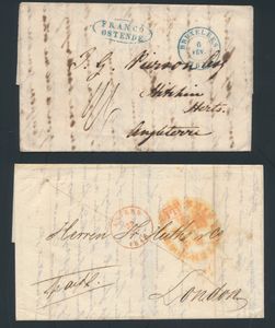 Verzameling van 9 voorlopers, vanuit België naar Engeland (meestal Londen), mooie stempels zoals Franco Frontière, Franco Ostende, A la Portas, etc., zm/m
