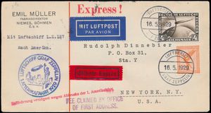 16.5.1929 N° 23b (Mi. Zeppelin Specialised), LZ 127 Amerikafahrt-expresbrief naar New York gefrankeerd met een postzegel van 4 RM (Michel 424) en een andere postzegel van 50 pf, beide afgestempeld met Bordpost-stempel, zeppelinvluchtstempel in blauw ernaast, evenals een enkele rode handstempel aangebracht toen het luchtschip een noodlanding moest maken in Cuers (waardoor de bezorging vertraging opliep), Amerikaanse 