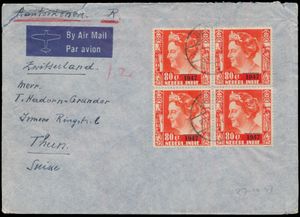 1947 R-brief van Zwitsers consulaat in Medan naar Thun (Zwitserland) met n° 330 in blok van 4, aangetekend zonder strookje, m