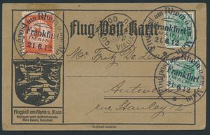 21.6.1912 luchtpostkaart verzonden van Frankfurt naar Antwerpen, België, gefrankeerd met de 10 pf oranje postzegel (Michel I) naast twee 5 pf gewone postzegels, transit- en aankomststempels ernaast, die bewijzen dat de kaart inderdaad naar België is gereisd, zm