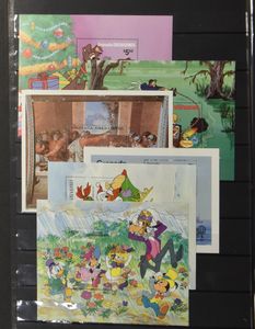 Verzameling diverse gebieden in 4 insteekboeken vrijwel uitsluitend modern thema t.e.m. 2016, met o.a. Antigua, Penrhyn, St. Vincent, Grenada, thema's bevatten Disney, dieren, Film Royalty, Shirley Temple, Elvis, zm (Enorme cataloguswaarde)