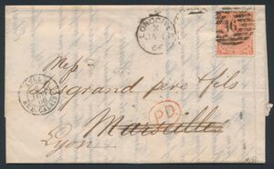 1865 Brief van Londen naar Marseille, doorgestuurd naar Lyon gefrankeerd met 