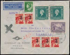 1947 Aantrekkelijke luchtpostbrief van Medan naar Zwitserland met spectaculaire juiste frankering van 