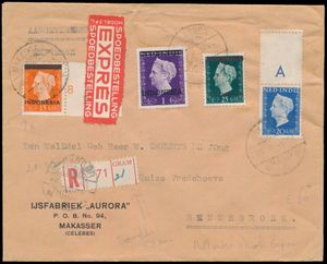 1949 Expresse R-brief van Makasser (IJsfabriek) naar Bennebroek met gemengde frankering Hartz met en zonder opdruk 