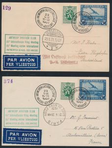 Belgien, 1931 Antwerpen Luchtvaartstatie, 2 Fotokarten mit Stempel „Antwerp aviation club III° Int. vliegmeeting” nach Frankreich und Deutschland, einwandfrei.