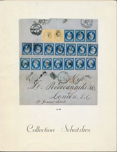 Poste Maritime Française; J. Schatzkes; F. Fontanez, Geneva; 1978; gedrukt; geniet; Frans; 183 pag.; zachte kaft; zeer mooi; veilingcatalogus van de beroemde Schatzkes Collectie van Franse maritieme post, een zeer belangrijk naslagwerk en verzamelobject, schaars