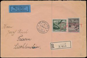 31.8.1930 N° 34a (Mi. Zeppelin Specialised), Vaduz - St. Gallen Eerste vlucht aangetekende brief verzonden naar Triesen, Liechtenstein en gefrankeerd met 15rp en 45rp luchtpostzegels (Michel 108, 112, cataloguswaarde voor de 45rp op de brief is €130), beide voorzien van een speciale vluchtstempel in lila-roze, Triesen aankomststempel op de achterzijde, zm