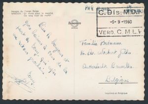 1960, Force métropolitaine en Afrique au Congo belge, carte postale illustrée, écrite par un soldat belge membre de la Force métropolitaine en Afrique (FMA), envoyée du Congo belge par courrier militaire à Bruxelles en Belgique, cachet de transit C. Dis. M.D.N. Verd. C.M.L.V. (= caserne BAUDOUIN à Bruxelles) 5 septembre 1960, les cartes postales illustrées sont rares, tb