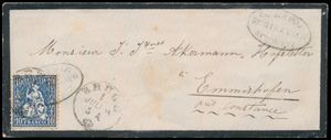 1864 Klein formaat rouw-couvert van Schinznach Bad naar Emmishofen met Zittende Helvetia 10rp. blauw, zm